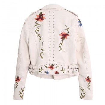 Ftlzz Women Floral Print Embroidery Faux Soft Leather Jacket Coat Turn-down Collar Casual Pu Motorcycle Black Punk Outerwear